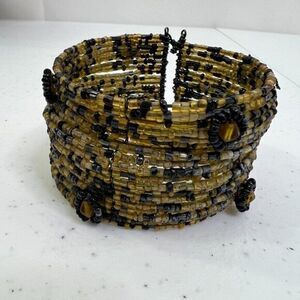 Memory Wire Cuff Bracelet Beaded Black Yellow Statement‎ Boho Big Weave Look